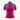 Speedo women's short-sleeve rashguard in fuchsia and purple with high neck and printed sleeves.